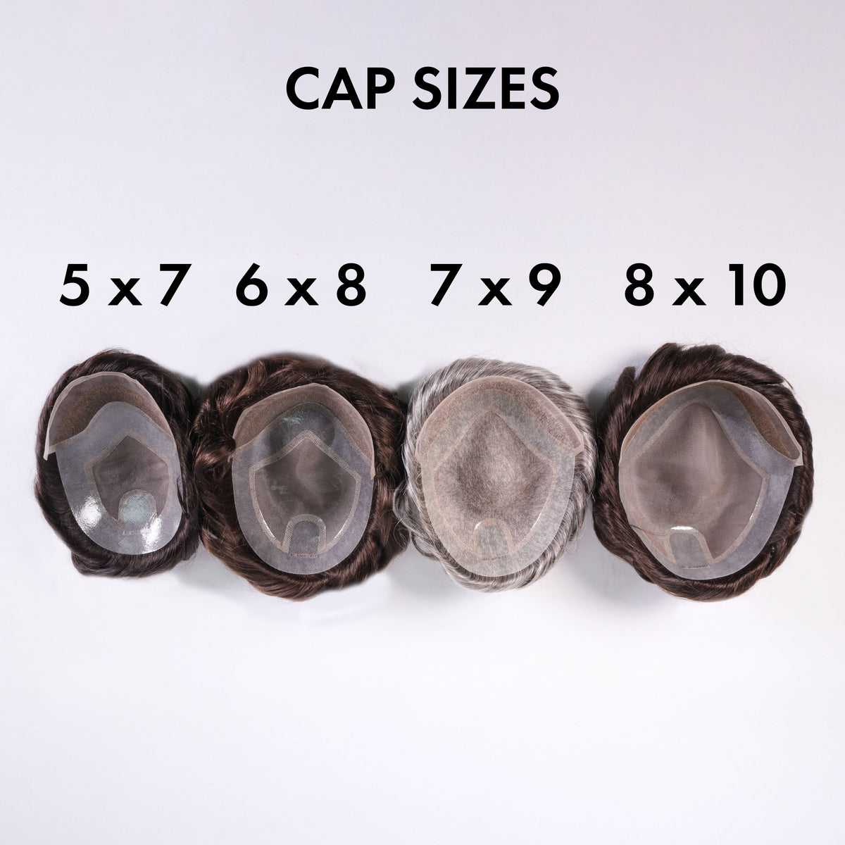 Four hair cap sizes labeled 5x7, 6x8, 7x9, and 8x10 on a white background.