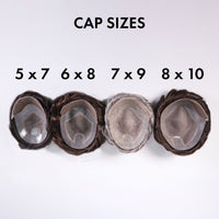 Four hair cap sizes labeled 5x7, 6x8, 7x9, and 8x10 on a white background.